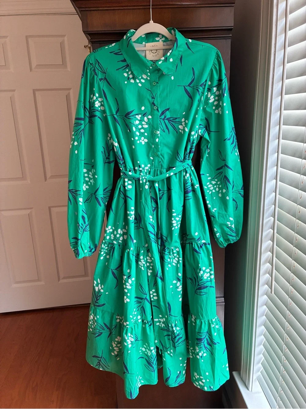 Fantastic Fawn Melinda Teal Floral Midi Dress 100% Cotton Belted Shirt Dress L - Picture 3 of 11